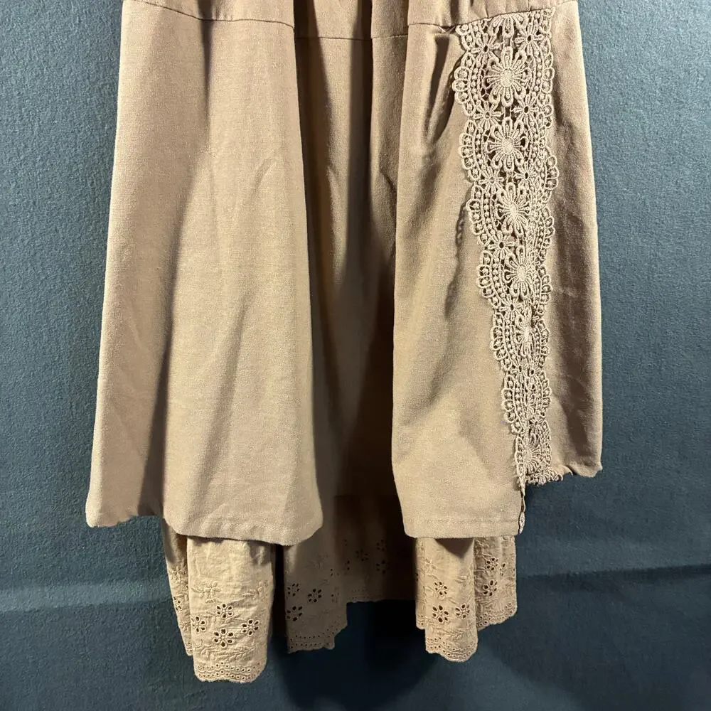 women midi skirt XS brown forest fairy cottagecore crochet eyelet‎ lace tiered